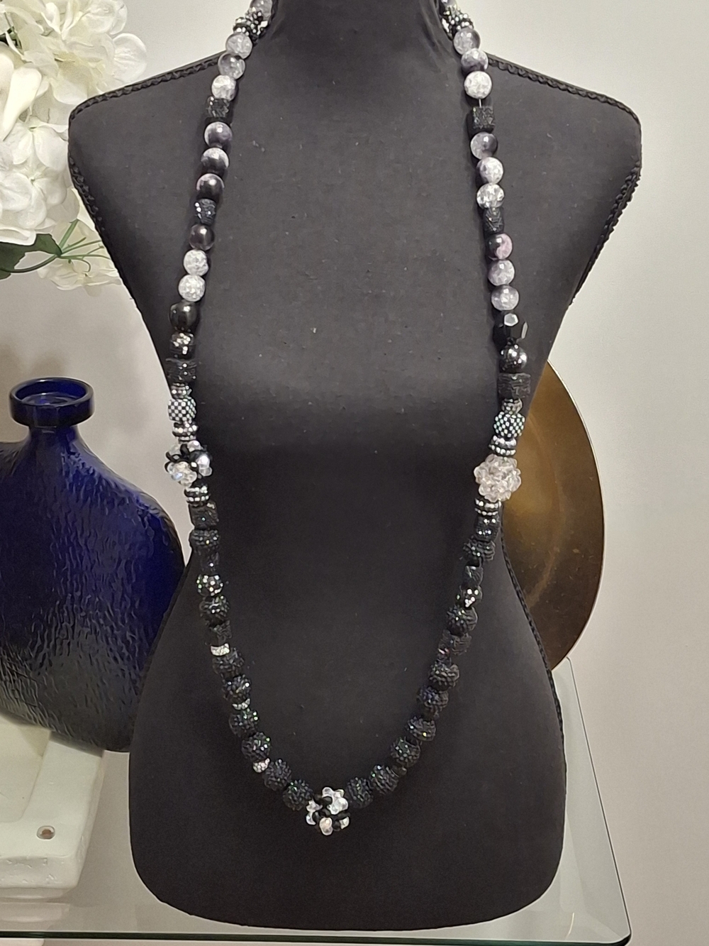 Handcrafted Black and Gray Beaded Long Necklace